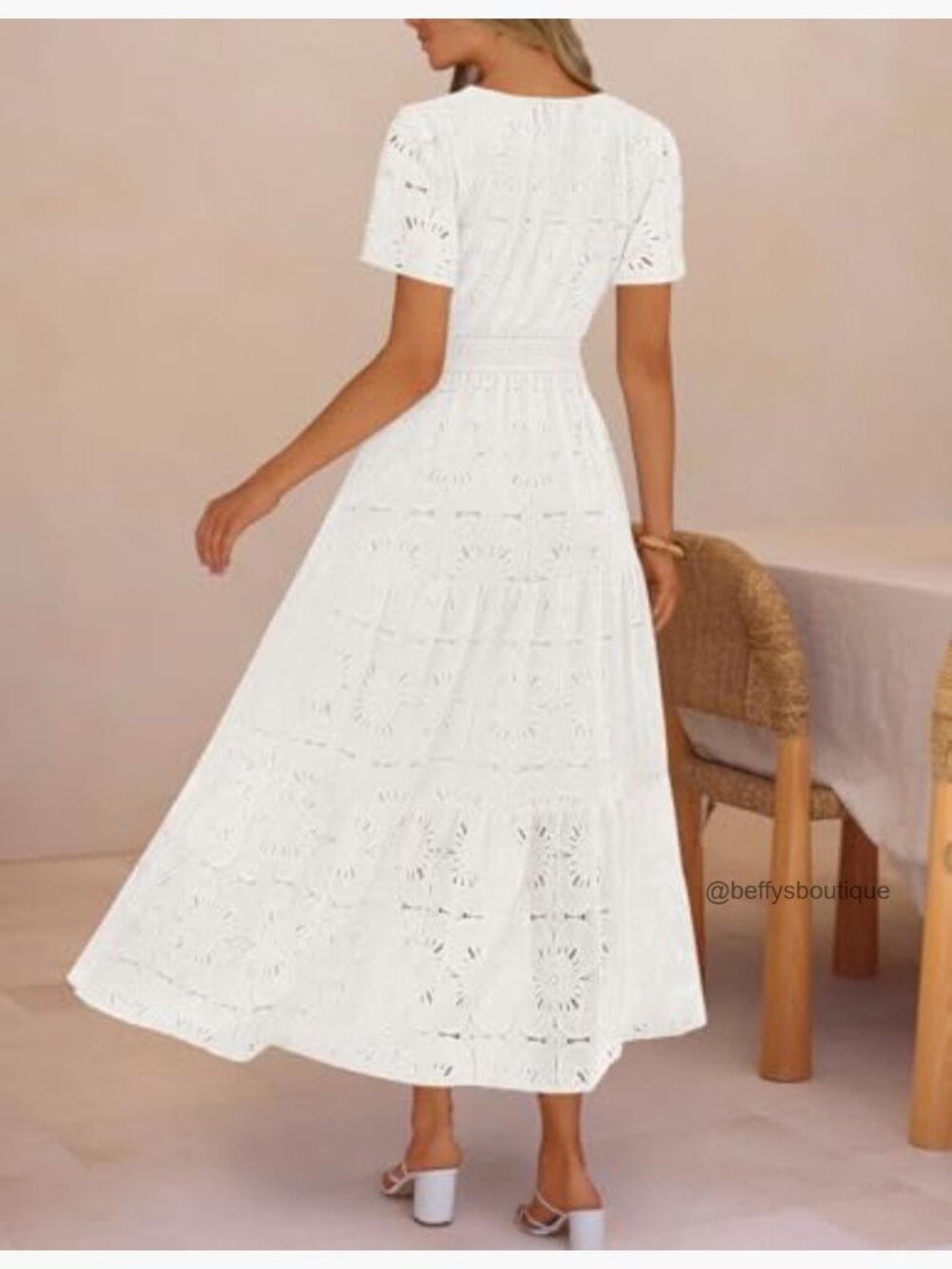 Women's Summer Floral Maxi Dress Boho Eyelet Lace Short Sleeve Tiered Flowy - Picture 3 of 7